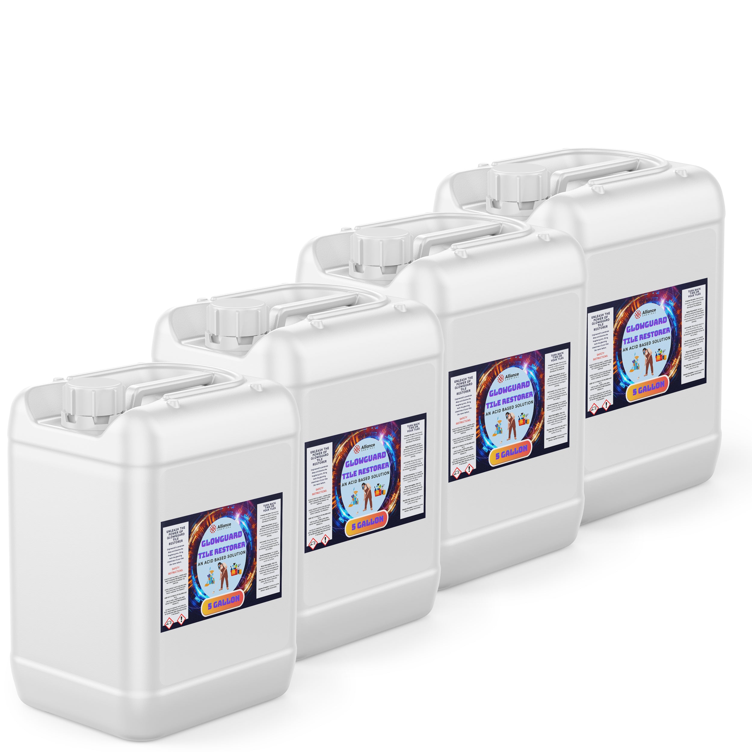 4x5-gallon white HDPE containers of Glowguard Tile Restorer acid-based solution with chemical hazard warning labels and screw-top safety caps.